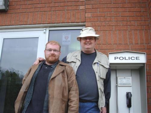 120421 CANACE co-founder/videographer Jeff Parkinson & Caledonia Victims Project founder Mark Vandermaas following their release from custody at the OPP Haldimand Detachment, Cayuga, Ontario Canada